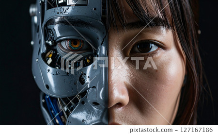 A woman with half of her face made up of an android (AI-generated image) 127167186