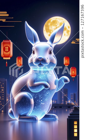 發光透明粒子玉兔站立在中秋節氛圍的城市裏 發光透明粒子玉兔站立在中秋節氛圍的城市裏 127167396