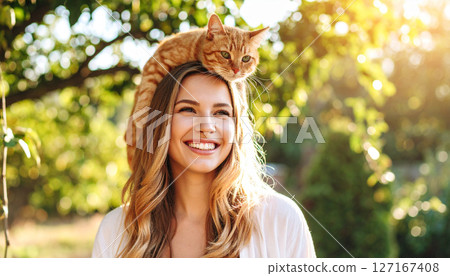 頭上頂著貓的女人（AI 生成的圖像） 127167408