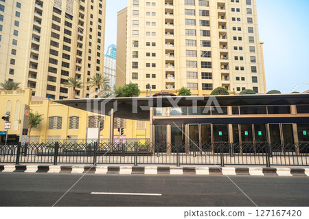 Dubai, UAE - September 29, 2024 Jumeirah Beach Residence 2 Tram Station, outdoors on a summer day. Editorial 127167420