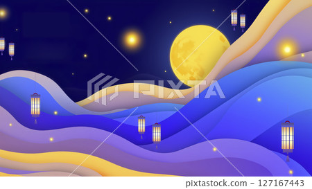 大型彩色抽象波浪現代藝術中秋節海報背景 127167443