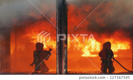 Firefighter fighting with fire flame protection property. Fireman wear hard hat, body safe suit uniform for protection from fire operation. Rescue trained in fire fighting extinguisher hazardous fires 127167595