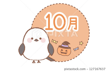 October illustration of long-tailed tit and Halloween October illustration of long-tailed tit and Halloween 127167637