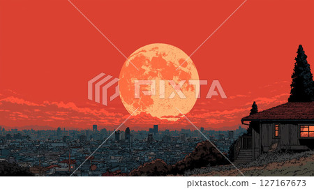 日落天空中的滿月和東京城市的輪廓 127167673