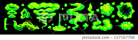 Smell cloud with fluorescent green cartoon smoke on black background. Bad gas and vapor vector elements in flat design. Ideal for stickers, humor, or gross-out visuals 127167706