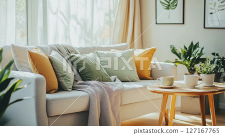 Cozy Living Room with Plants and Colorful Cushions 127167765