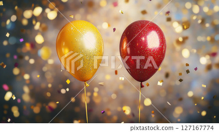 Two Balloons Floating with Gold Confetti 127167774