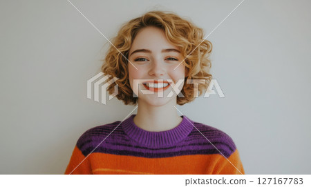 Smiling Woman in Colorful Sweater Against White Background 127167783