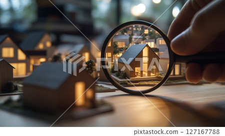 Cozy Miniature House Under Magnifying Glass with Warm Lights 127167788