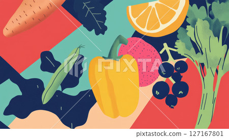 Colorful Fruits and Vegetables on Geometric Background 127167801