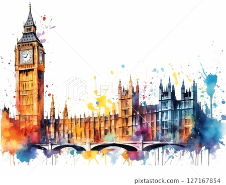 Big Ben and London Skyline in Vibrant Watercolor Splash Art perfect for T-shirt, postcard, posters 127167854