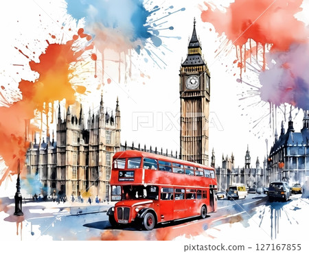 Big Ben and London Skyline in Vibrant Watercolor Splash Art perfect for T-shirt, postcard, posters 127167855