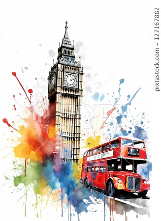 Big Ben and London Skyline in Vibrant Watercolor Splash Art perfect for T-shirt, postcard, posters 127167882