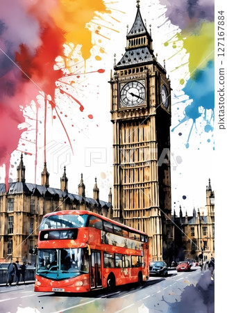 Big Ben and London Skyline in Vibrant Watercolor Splash Art perfect for T-shirt, postcard, posters 127167884