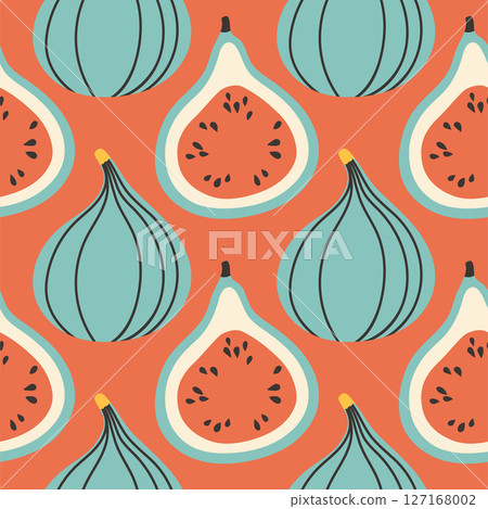 Fig summer pattern on red background. Simple seamless pattern with figs. Vector design for greeting card and invitation of seasonal summer holiday Fig summer pattern on red background. Simple seamless pattern with figs. Vector design for greeting card and invitation of seasonal summer holiday 127168002