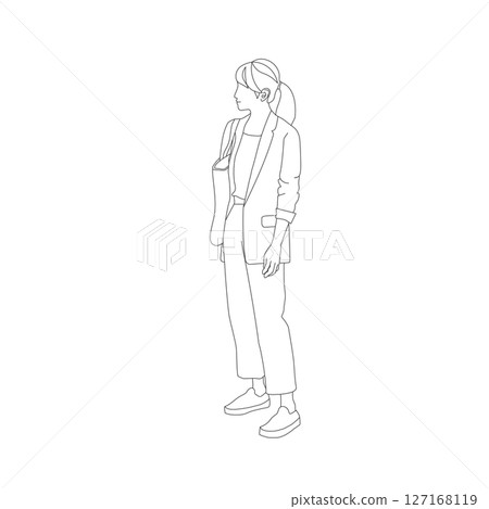 一位身穿西裝的女士站立並聆聽解釋的線條畫插圖 一位身穿西裝的女士站立並聆聽解釋的線條畫插圖 127168119