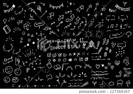 Icons and notices - Hand-drawn white lines on a black background for use as decorations. Simple and cute monochrome illustration set. 127168167