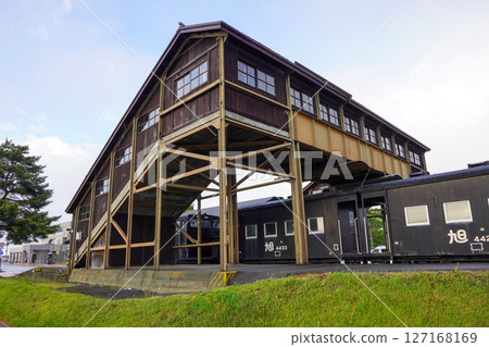 At the trail of Nakamibetsu station, the overpass and storage vehicle. 127168169