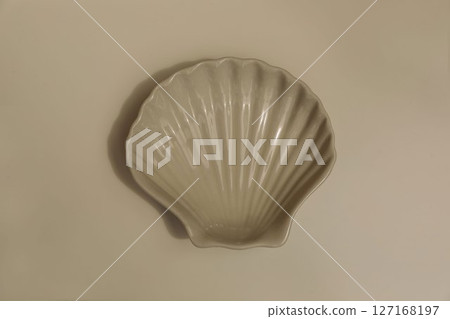 Ceramic plate seashell shaped on beige table background. Neutral tones, soft lighting, empty copy space. Summer sea coastal, minimalistic aesthetic. Decor, design, product mockups. Flat lay, top view 127168197