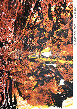 Thick red black and yellow paint in a scribbled abstract background 127168236