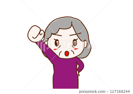 (Front view of upper body) An elderly woman with a determined look on her face raising her right hand and shouting "Yay!" 127168244