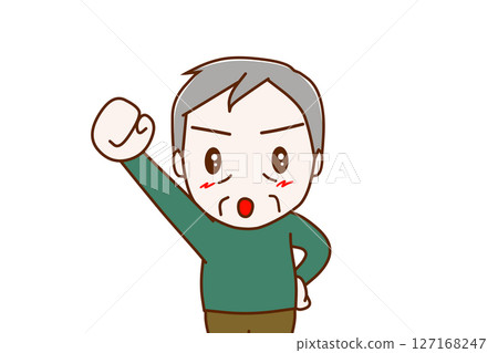 (Front view of upper body) An elderly man with a determined look on his face raising his right hand and shouting "Heeey, hey, hey!" 127168247