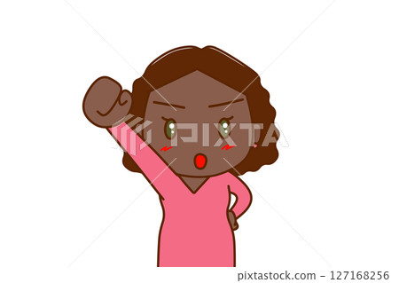 （上半身正面圖）一位非裔美國女性舉起右手，臉上帶著堅定的表情 127168256