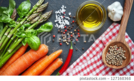 Fresh Ingredients for Cooking on Rustic Kitchen Counter 127168368