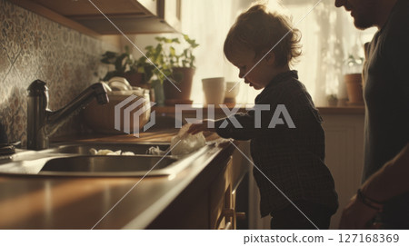 Child Washing Dishes in Cozy Sunlit Kitchen Child Washing Dishes in Cozy Sunlit Kitchen 127168369