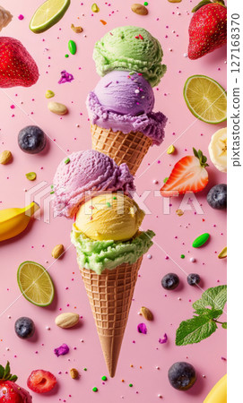 Colorful Ice Cream Cones with Fruits and Sprinkles 127168370