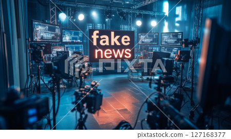 Microphone in bright studio with fake news split on two screens 127168377