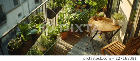 Balcony Garden with Rustic Furniture and Plants 127168381