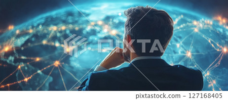 Businessman Contemplating Global Network Connections 127168405