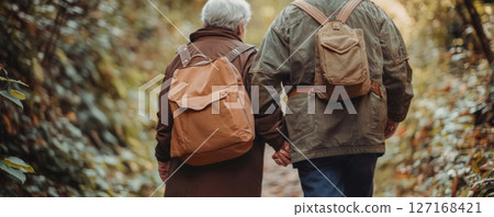 Senior Couple Hiking Together in Autumn Woods Senior Couple Hiking Together in Autumn Woods 127168421