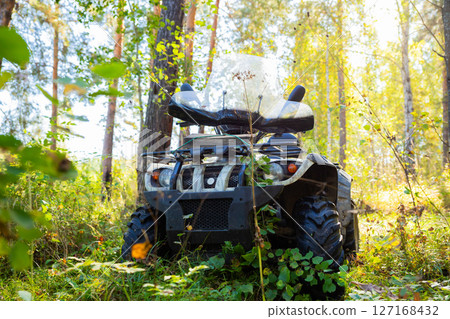 Quadbike or ATV in sunny forest. All Terrain Vehicle outside, front view Quadbike or ATV in sunny forest. All Terrain Vehicle outside, front view 127168432