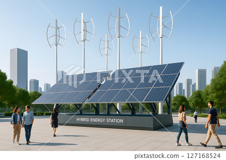 HYBRID ENERGY STATION featuring solar panels and vertical wind turbines for clean power generation, fostering urban sustainability and eco-friendly city development 127168524