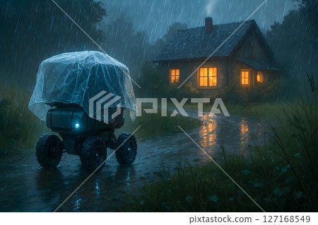 Autonomous delivery robot, covered by plastic, navigates rainy rural road towards illuminated house, highlighting resilient future logistics 127168549