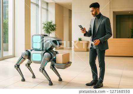 Futuristic delivery robot brings a package to a businessman using a smartphone in a sleek office, representing smart automation and modern logistics 127168550