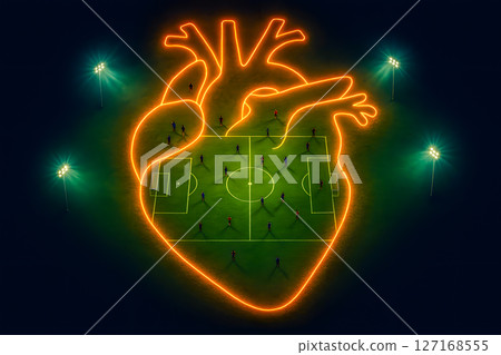 Glowing human heart outline forms a vibrant soccer field with tiny players and bright stadium lights, symbolizing sport passion, athletic health, and competition 127168555