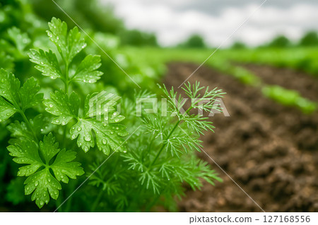 Vibrant green parsley and dill plants with fresh dew drops growing in a garden field, ideal for organic farming, healthy food concepts, and copy space 127168556