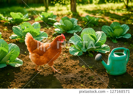 A brown hen freely walks in a sunlit home garden, amidst green cabbage plants and a watering can, symbolizing organic farming and rural life 127168571