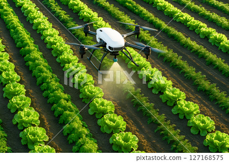 White agricultural drone spraying liquid over green lettuce crops in a vast field, symbolizing modern smart farming technology and sustainable food production practices 127168575