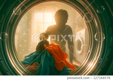 A silhouetted person puts vibrant laundry into a washing machine, viewed from inside with floating soap bubbles, symbolizing home cleaning and daily domestic chores A silhouetted person puts vibrant laundry into a washing machine, viewed from inside with floating soap bubbles, symbolizing home cleaning and daily domestic chores 127168576