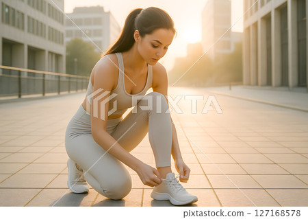 Young athletic woman tying her running shoelace on an urban path, preparing for an invigorating outdoor workout, promoting fitness and well-being Young athletic woman tying her running shoelace on an urban path, preparing for an invigorating outdoor workout, promoting fitness and well-being 127168578