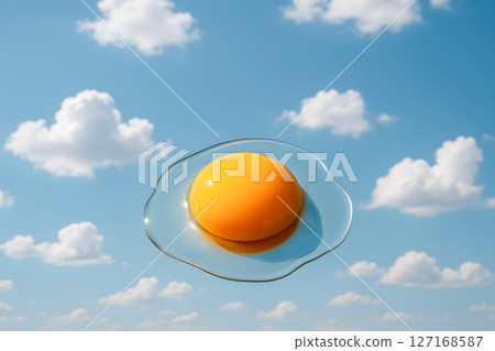Abstract stylized fried egg yolk floating against a clear blue sky with fluffy white clouds, representing a fresh start and lightness with ample copy space Abstract stylized fried egg yolk floating against a clear blue sky with fluffy white clouds, representing a fresh start and lightness with ample copy space 127168587