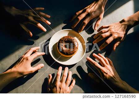 Several hands eagerly reach for a delicious chocolate donut centered on a plate, portraying concepts of shared desire, temptation, and the pursuit of indulgence Several hands eagerly reach for a delicious chocolate donut centered on a plate, portraying concepts of shared desire, temptation, and the pursuit of indulgence 127168590