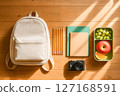 Well-organized student backpack, vibrant notebooks, pencils, and healthy lunchbox with a camera, offering ample copy space for creative educational back to school designs 127168591