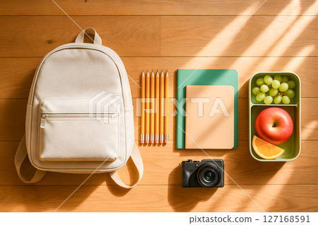 Well-organized student backpack, vibrant notebooks, pencils, and healthy lunchbox with a camera, offering ample copy space for creative educational back to school designs Well-organized student backpack, vibrant notebooks, pencils, and healthy lunchbox with a camera, offering ample copy space for creative educational back to school designs 127168591