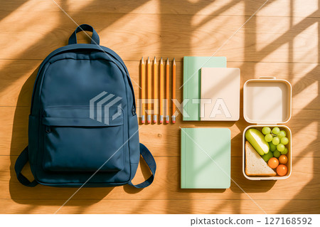Organized blue backpack with school supplies, including notebooks, pencils, and a healthy lunchbox on wooden floor, symbolizing back to school readiness Organized blue backpack with school supplies, including notebooks, pencils, and a healthy lunchbox on wooden floor, symbolizing back to school readiness 127168592