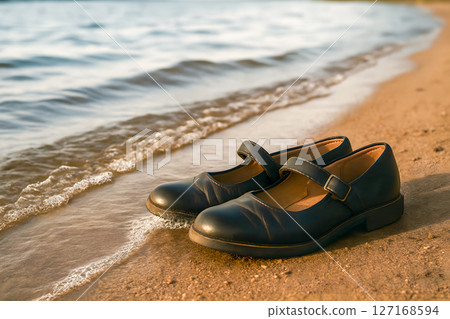 Classic Mary Jane shoes rest on a golden sandy beach by gentle waves, symbolizing serene escape, peaceful relaxation, and a well-deserved break from routine Classic Mary Jane shoes rest on a golden sandy beach by gentle waves, symbolizing serene escape, peaceful relaxation, and a well-deserved break from routine 127168594